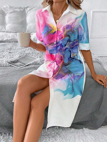 Women's Marble Pattern Long Sleeve Casual Shirt Dress, Spring And Summer