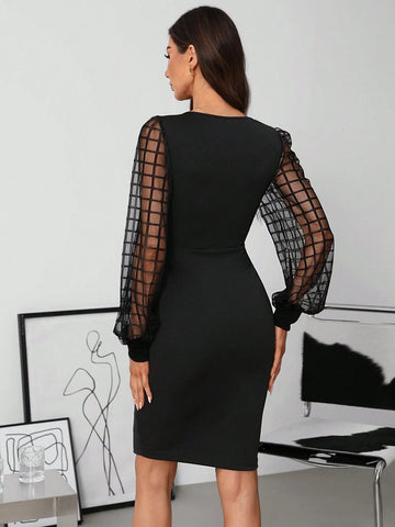 Women's Mesh Patchwork Long Sleeve Fashionable Mini Dress