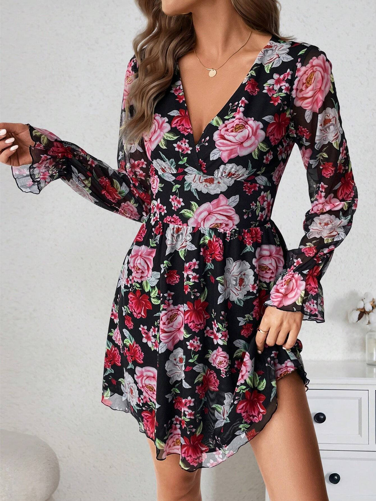 Women's Mesh & Floral Print Ruffle Cuff A-Line Flared Sleeve Mini Dress