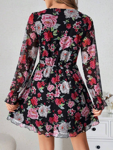 Women's Mesh & Floral Print Ruffle Cuff A-Line Flared Sleeve Mini Dress