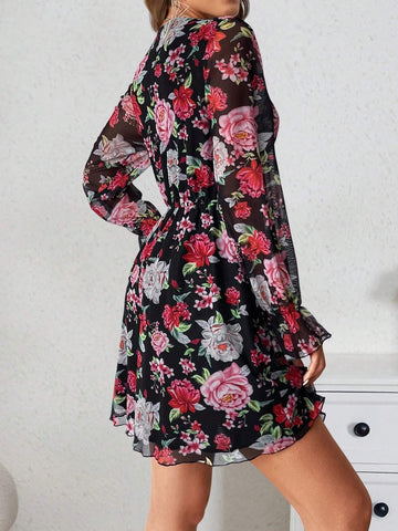 Women's Mesh & Floral Print Ruffle Cuff A-Line Flared Sleeve Mini Dress