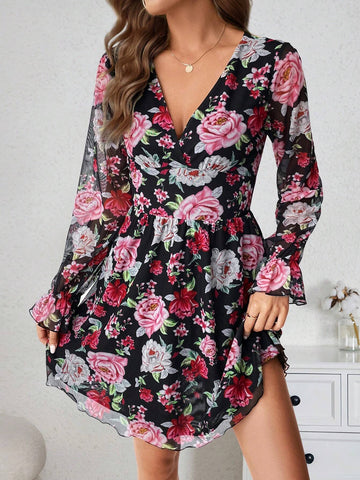 Women's Mesh & Floral Print Ruffle Cuff A-Line Flared Sleeve Mini Dress