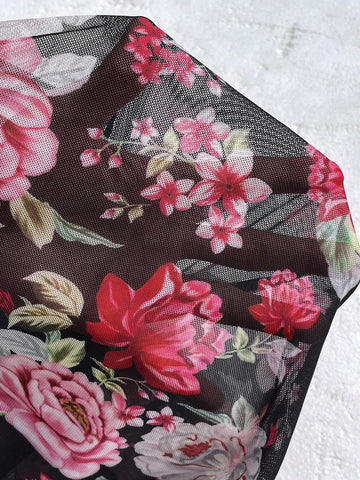 Women's Mesh & Floral Print Ruffle Cuff A-Line Flared Sleeve Mini Dress