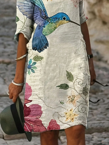 Women's Mid-Length Casual And Elegant V-Neck Comfortable White Printed Dress With Flower And