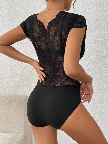 Women's Minimalist Lace V-Neck Caped Bodysuit, Commuter Friendly