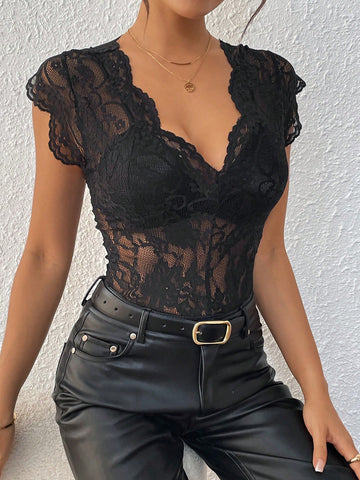 Women's Minimalist Lace V-Neck Caped Bodysuit, Commuter Friendly
