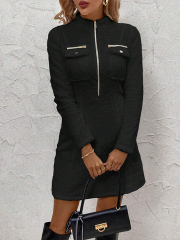 Women's Mock Neck Zip Front Chest Pocket Decor Fitted Short Faux Fur Dress, Warm & Elegant For