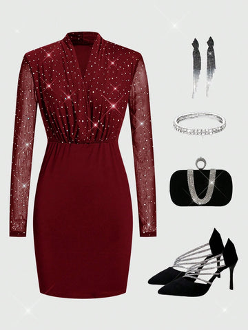 Women's New Year Party Short V-Neck Long Sleeve Fitted Mini Dress