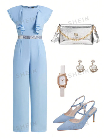 Women's Off-Shoulder Mermaid Summer Jumpsuit With Waist Sequin Patchwork Easter Clothes Ramadan Dress