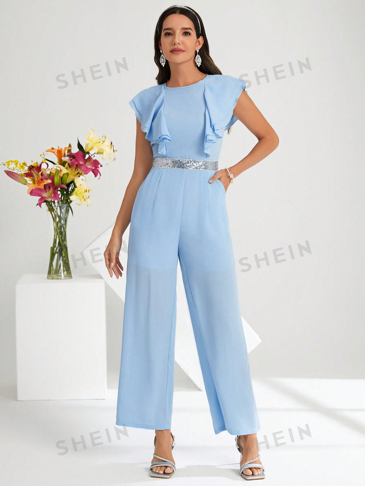 Women's Off-Shoulder Mermaid Summer Jumpsuit With Waist Sequin Patchwork Easter Clothes Ramadan Dress