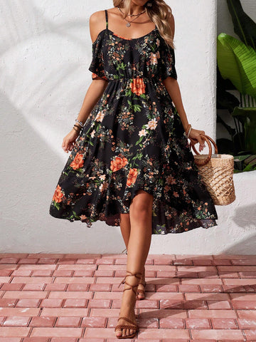 Women's Open Shoulder Floral Printed Summer Holiday Beach Dress