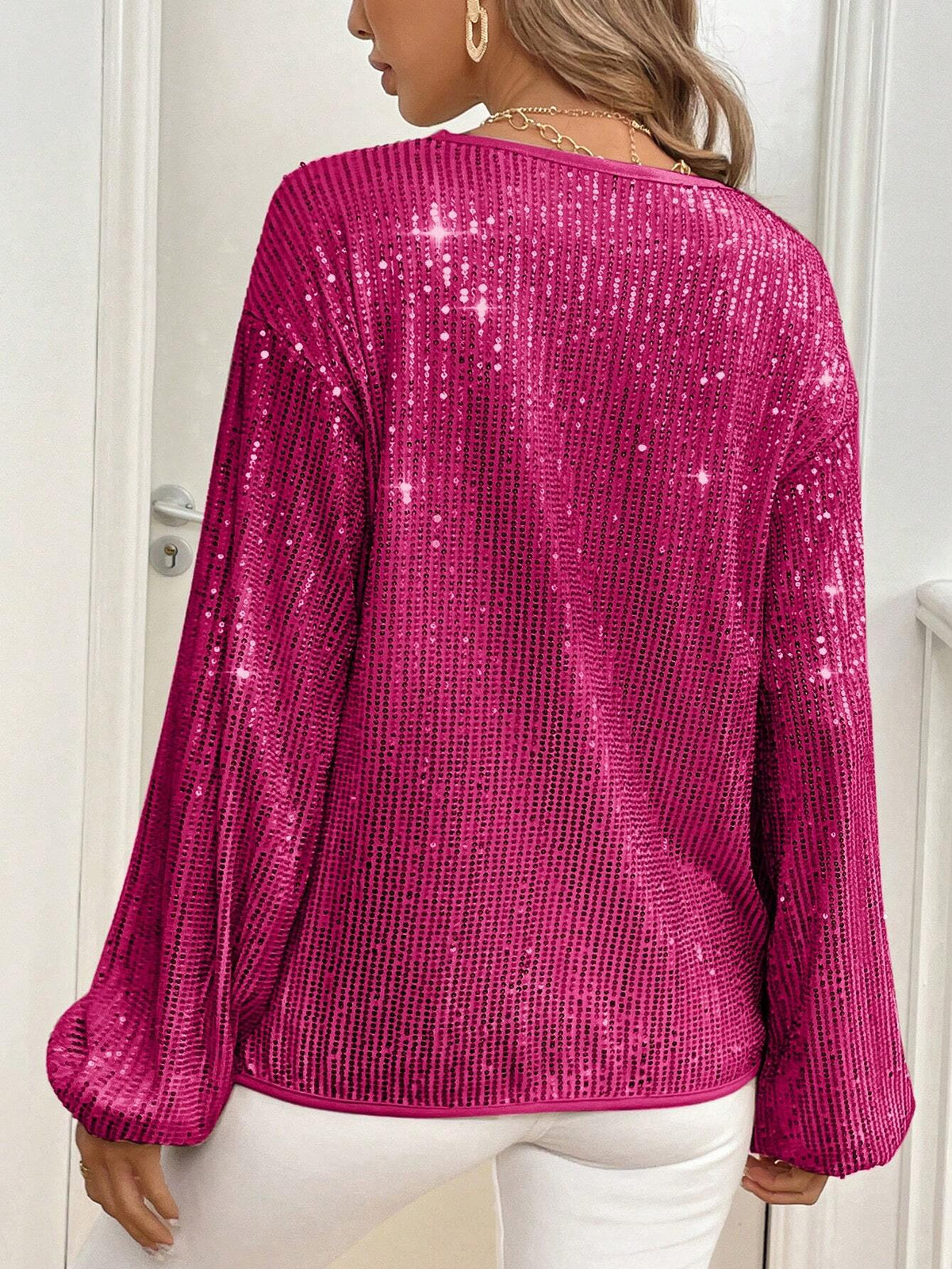 Clasi Women's Party Elegant Sequin Lantern Sleeve Crew Neck Long Sleeve Blouse