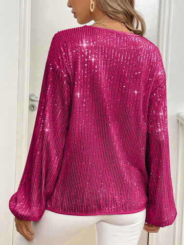 Clasi Women's Party Elegant Sequin Lantern Sleeve Crew Neck Long Sleeve Blouse