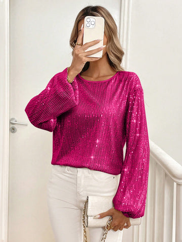 Clasi Women's Party Elegant Sequin Lantern Sleeve Crew Neck Long Sleeve Blouse