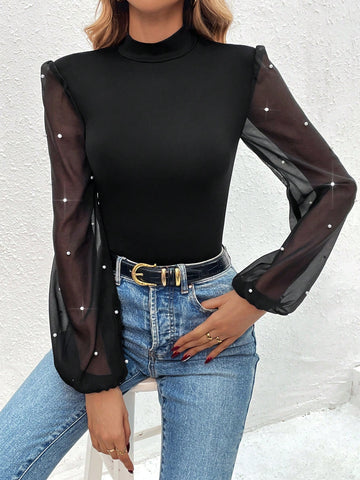 Women's Pearl & Stud Embellished Mesh Patchwork Half Turtleneck Bodysuit