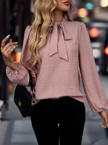 Clasi Women's Pink Shirt With Bow Neck Tie, Cut-Out Floral Texture And Lantern Sleeves, Autumn