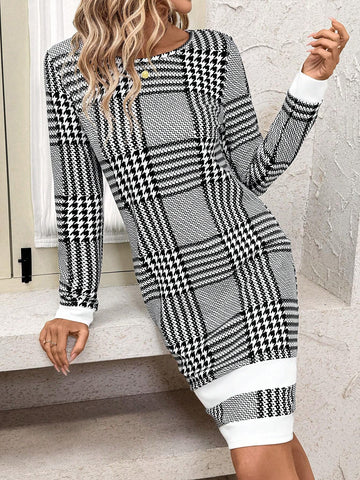 Women's Plaid Contrast Color Work Casual Business Commuter Dress