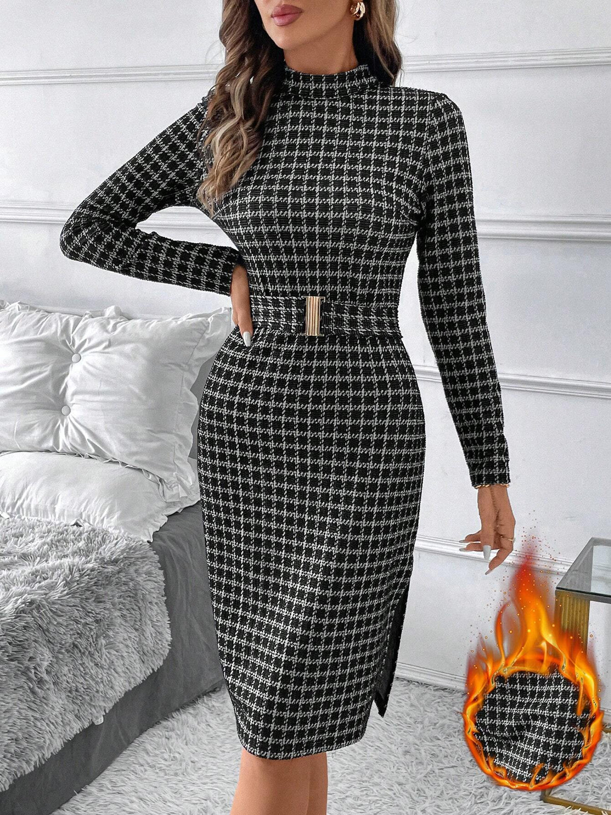 Women's Plaid Elegant High Neck Slit Dress With Belt, Autumn