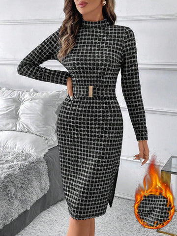 Women's Plaid Elegant High Neck Slit Dress With Belt, Autumn