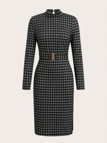 Women's Plaid Elegant High Neck Slit Dress With Belt, Autumn