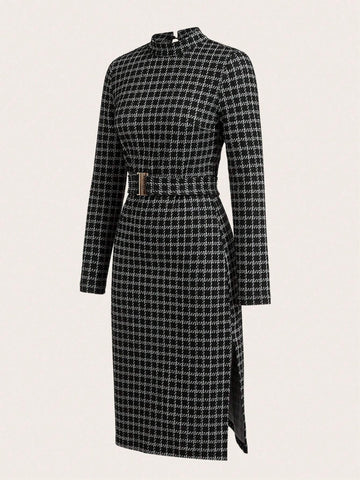 Women's Plaid Elegant High Neck Slit Dress With Belt, Autumn