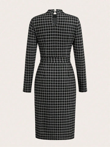 Women's Plaid Elegant High Neck Slit Dress With Belt, Autumn