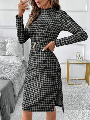 Women's Plaid Elegant High Neck Slit Dress With Belt, Autumn