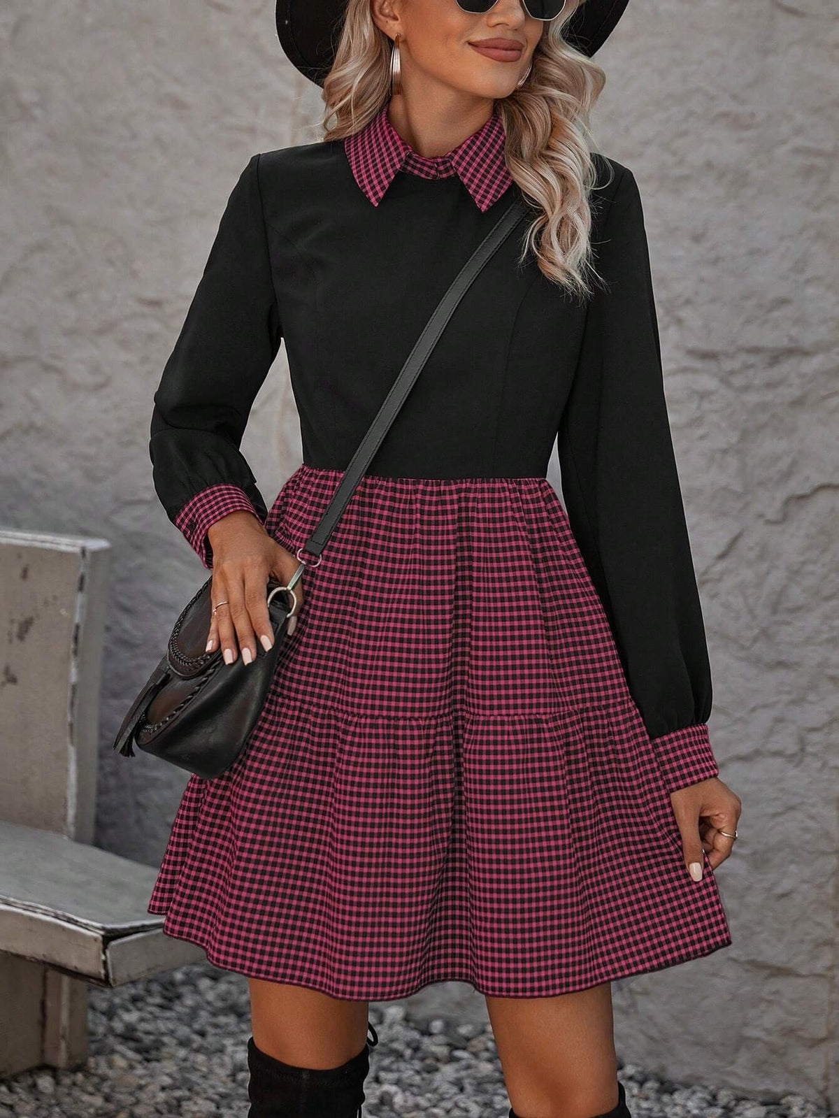 Women's Plaid Patchwork Ruffle Hem Long Sleeve Dress