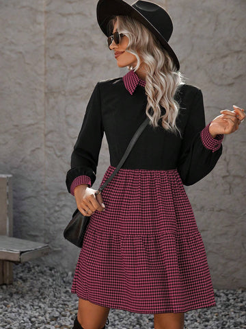 Women's Plaid Patchwork Ruffle Hem Long Sleeve Dress