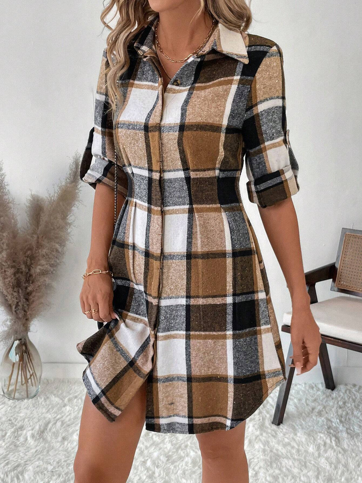 Women's Plaid Pattern Long Sleeve Casual Dress, Autumn/Winter