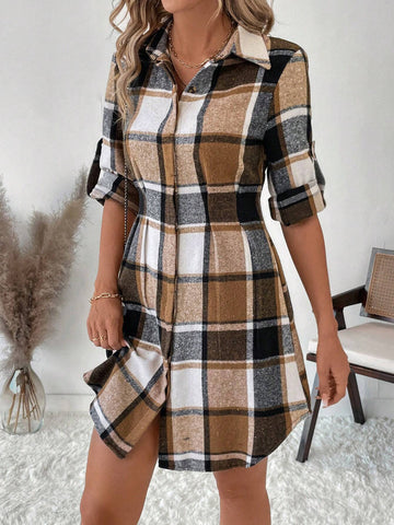 Women's Plaid Pattern Long Sleeve Casual Dress, Autumn/Winter