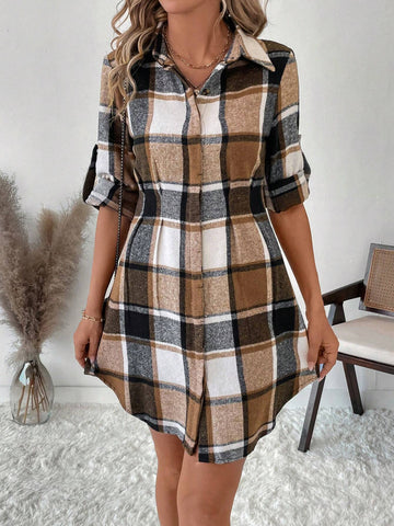 Women's Plaid Pattern Long Sleeve Casual Dress, Autumn/Winter