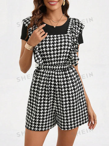 Women's Plaid Pocket Side Ruffle Trim Overalls Shorts