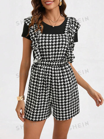 Women's Plaid Pocket Side Ruffle Trim Overalls Shorts