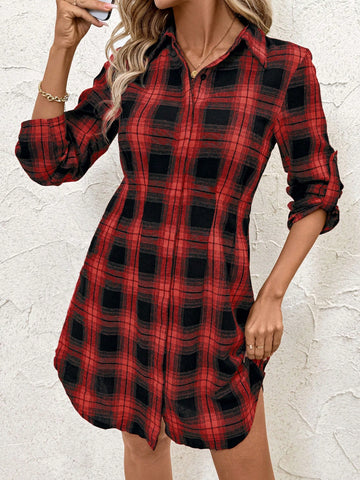 Women's Plaid Print Cotton Shirt Dress, Autumn/Winter