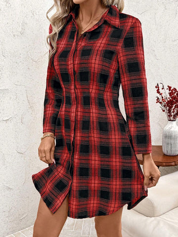 Women's Plaid Print Cotton Shirt Dress, Autumn/Winter