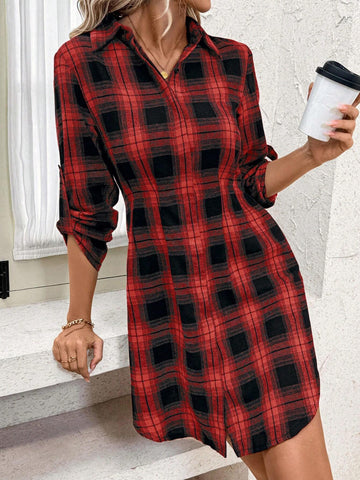 Women's Plaid Print Cotton Shirt Dress, Autumn/Winter