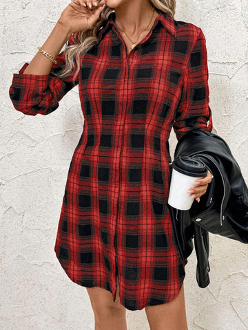 Women's Plaid Print Cotton Shirt Dress, Autumn/Winter