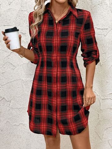 Women's Plaid Print Cotton Shirt Dress, Autumn/Winter