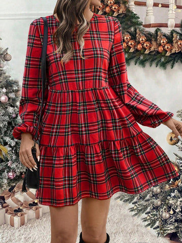 Women's Plaid Print Round Neck Ruffle Hem Long Sleeve Dress