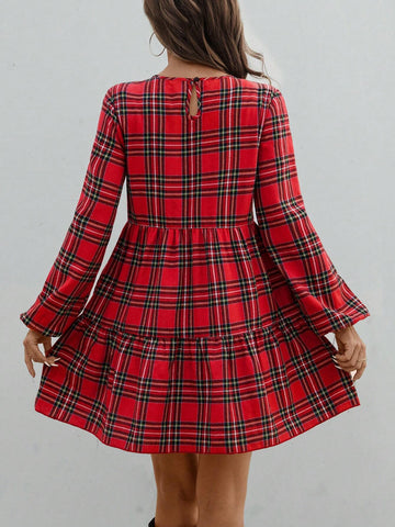 Women's Plaid Print Round Neck Ruffle Hem Long Sleeve Dress
