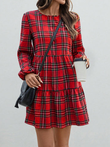 Women's Plaid Print Round Neck Ruffle Hem Long Sleeve Dress