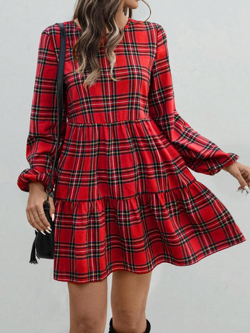 Women's Plaid Print Round Neck Ruffle Hem Long Sleeve Dress