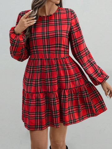 Women's Plaid Print Round Neck Ruffle Hem Long Sleeve Dress