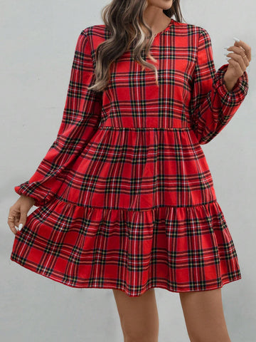 Women's Plaid Print Round Neck Ruffle Hem Long Sleeve Dress
