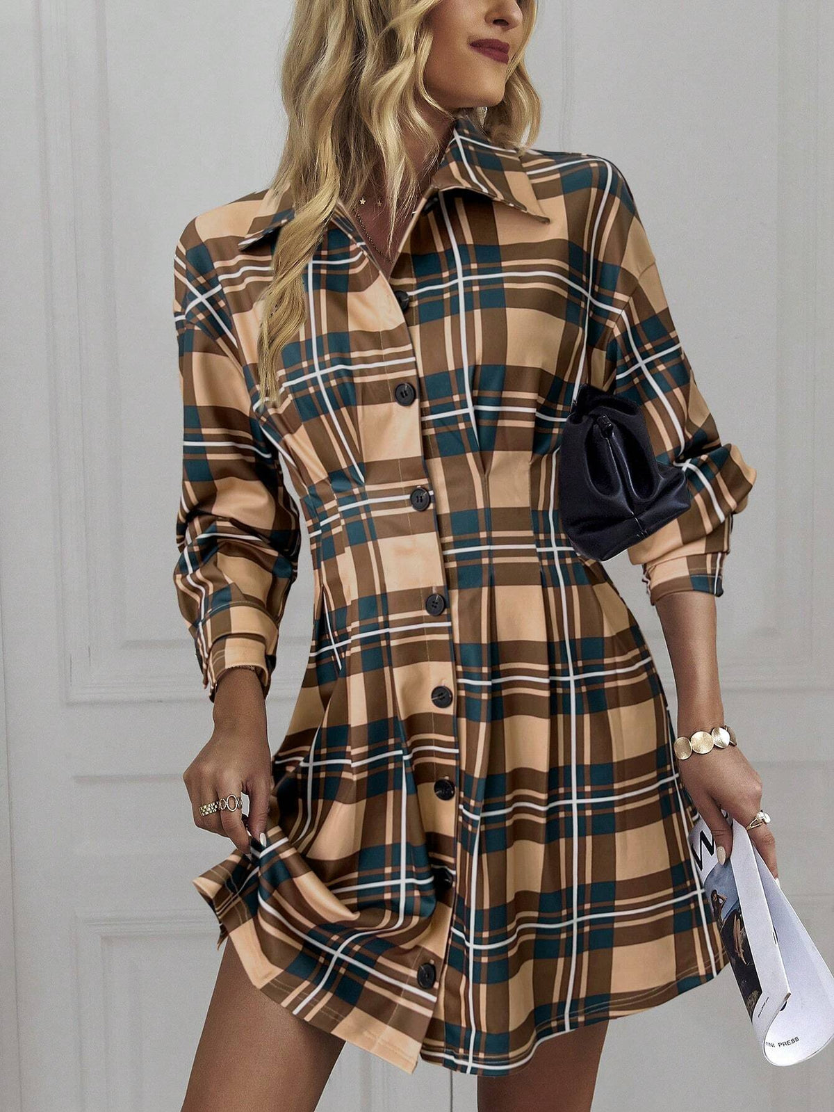 Women's Plaid Print Single Breasted Long Sleeve Dress For Commuting, Autumn