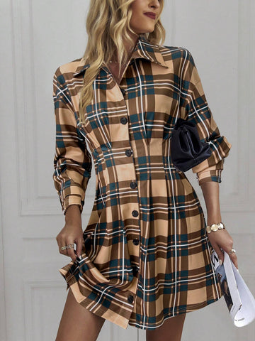 Women's Plaid Print Single Breasted Long Sleeve Dress For Commuting, Autumn