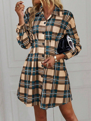 Women's Plaid Print Single Breasted Long Sleeve Dress For Commuting, Autumn