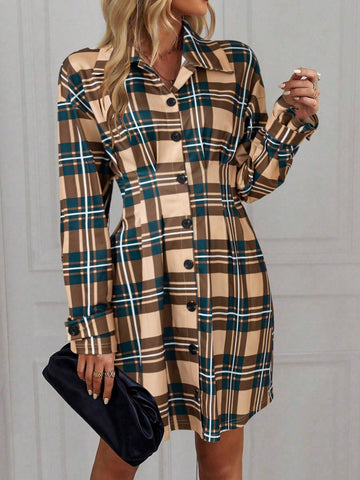 Women's Plaid Print Single Breasted Long Sleeve Dress For Commuting, Autumn