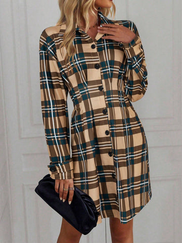 Women's Plaid Print Single Breasted Long Sleeve Dress For Commuting, Autumn
